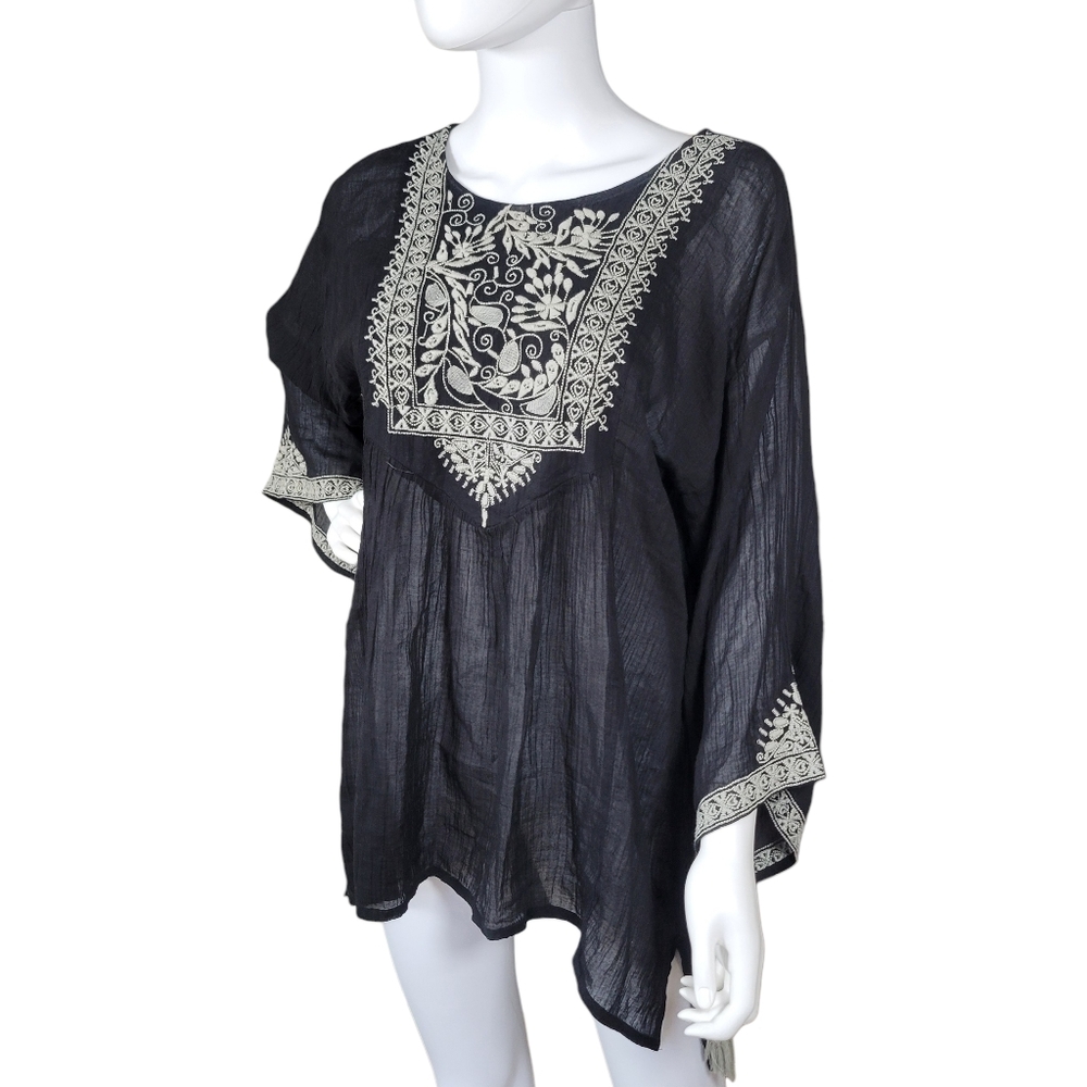 World Market Tunic Top Womens L/XL Black Embroidered Sheer Fairy Boho Indie Folk - Picture 4 of 10